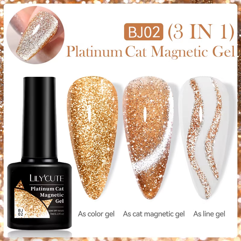 3-in-1 Platinum Rose Gold Cat Magnetic Gel Nail Polish - 7ML Moonlight Glitter UV Varnish for Stunning Semi-Permanent Manicures