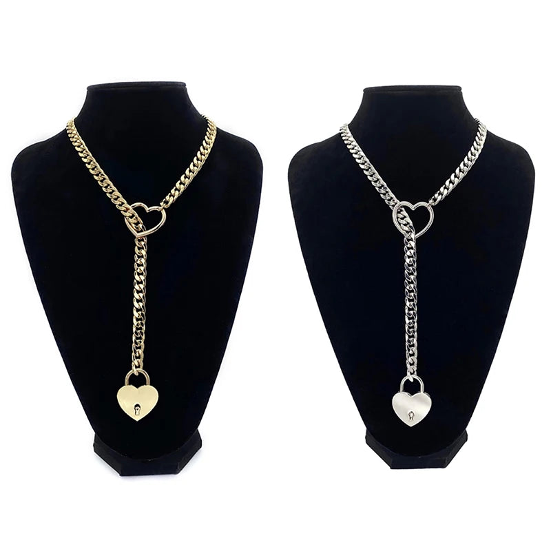 Fashion Womens Slip Chain Necklace Heart O-Ring Rock Cuban Long Necklace Adjustable Heart Shaped Lock Core with Key 2024 New