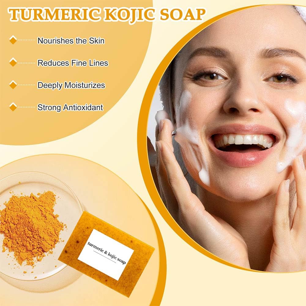 Lemon Turmeric Kojic Soap,Natural Handmade Soapes,Turmeric Soap Bar for Face and Body, Smooth Skin Tumeric Soaps,Deep Cleansing Soaps for Men & Women (3 PCS)