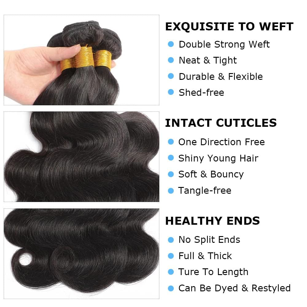 Luxury Body Wave Bundles with Closure - 12A Unprocessed Brazilian Virgin Hair (16", 18", 20" + 14" Free Part Lace Closure) - 150% Density