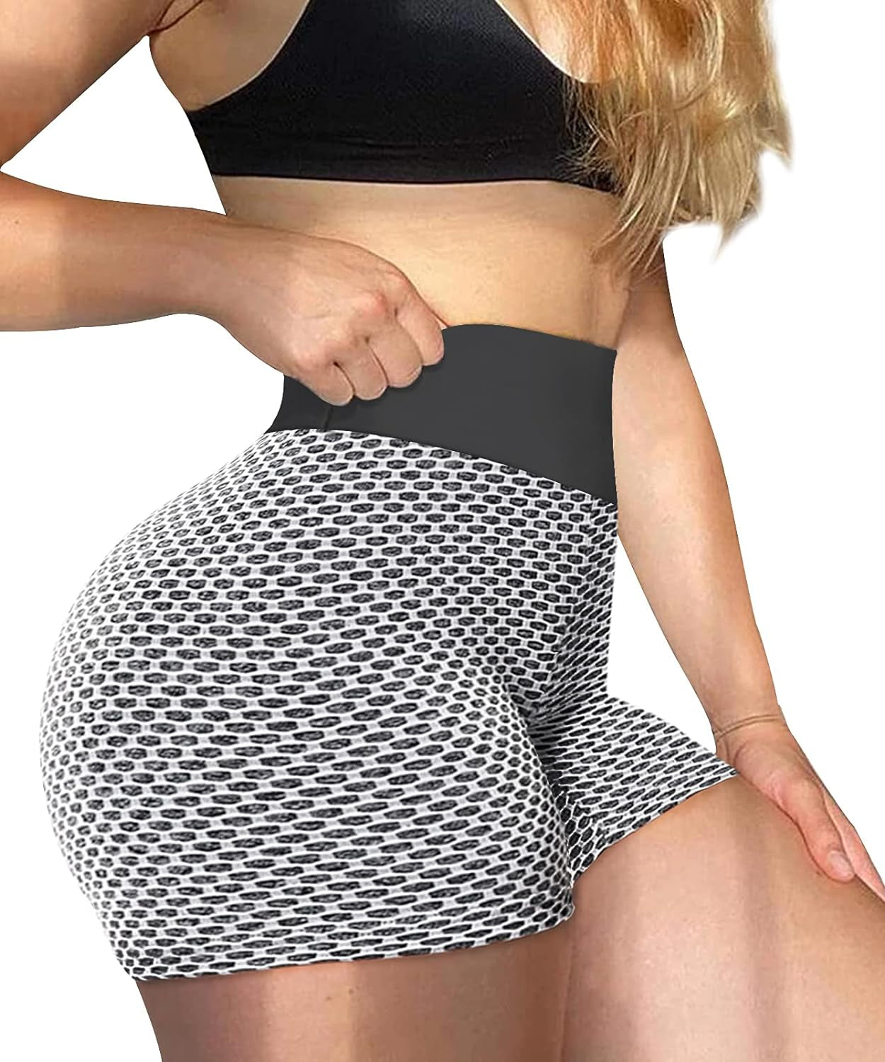 Women Tiktok Booty Shorts Butt Lifting High Waist Tummy Control Workout Running Gym Textured Ruched Shorts Gray