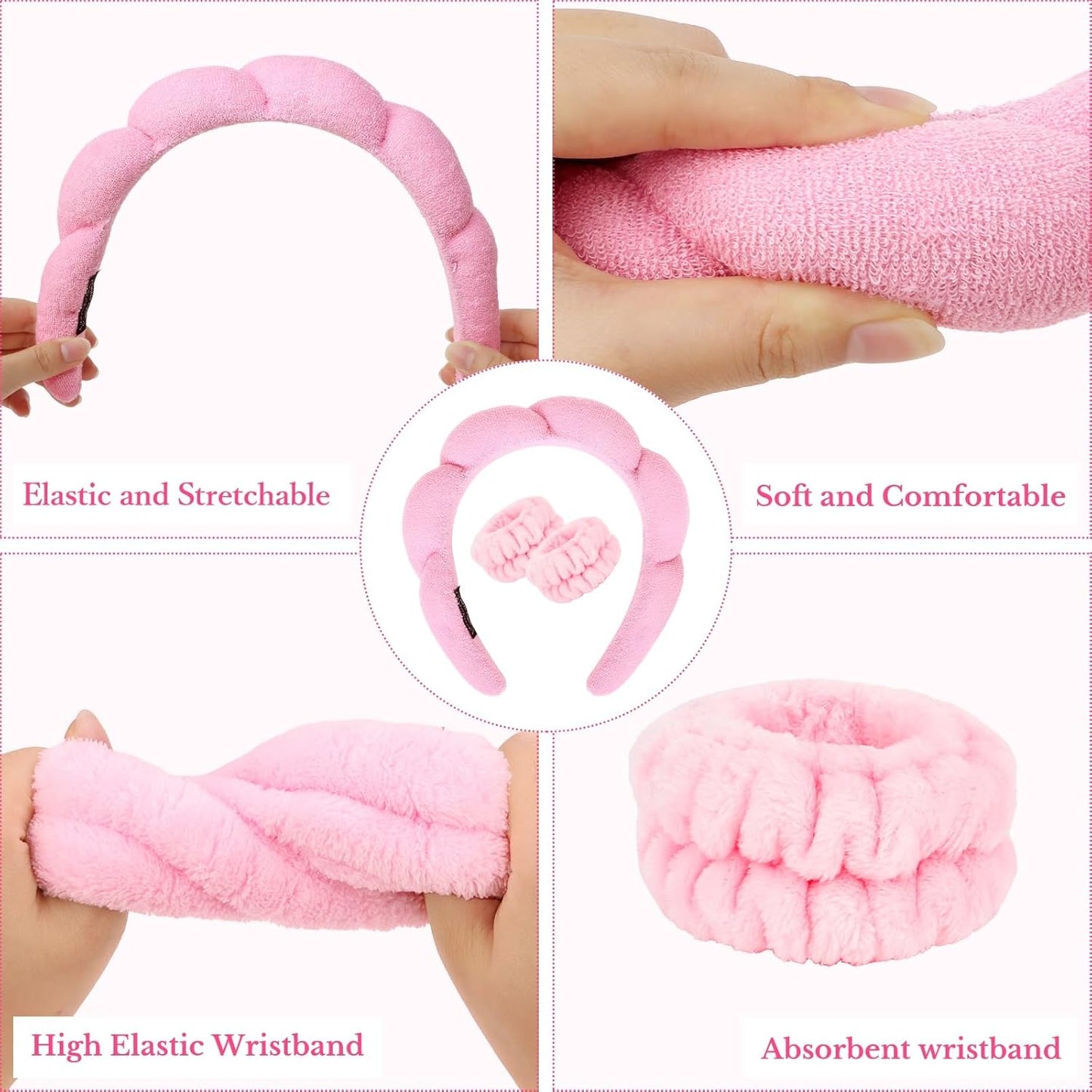 Pink Skincare Headband and Wristband Set for Washing Face, Makeup, Spa - Bubble Puffy Terry Cloth Soft Sponge Clouds Hair Accessories for Women