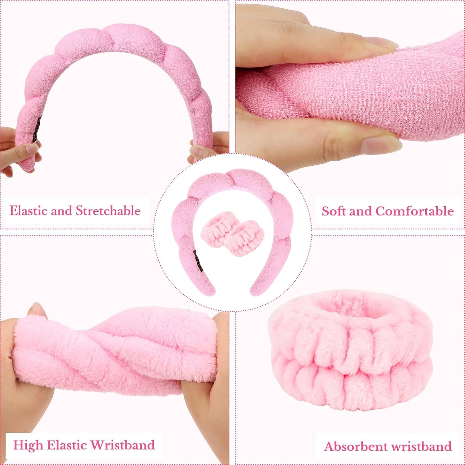 Pink Skincare Headband and Wristband Set for Washing Face, Makeup, Spa - Bubble Puffy Terry Cloth Soft Sponge Clouds Hair Accessories for Women