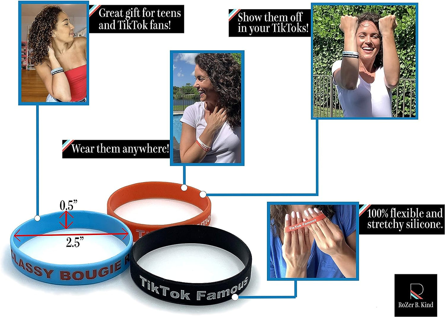 TIK Tok Themed Silicone Wristband 8Pc Bundle Party Decorations for Girls and Boys I'M a Savage, Classy Bougie Ratchet, TIK Tok Famous, for You Page, Dance Challenge
