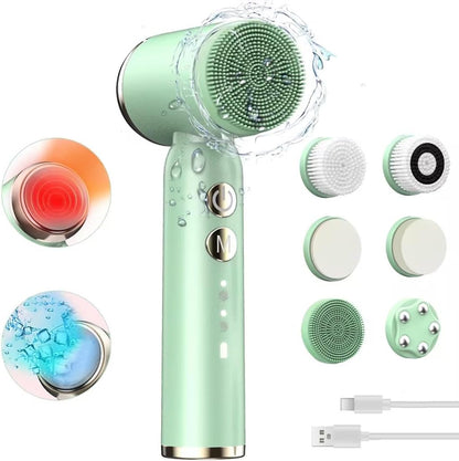 Ultimate 8-in-1 Electric Facial Cleansing Brush – Hot & Cold Compress, 6 Brush Heads, 3 Spin Speeds, Waterproof Exfoliator, Massager (Pink)