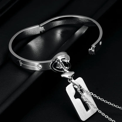 Stainless Steel Love Heart Jewelry Set - Elegant Lock & Key Pendant Necklace and Bracelet Combination