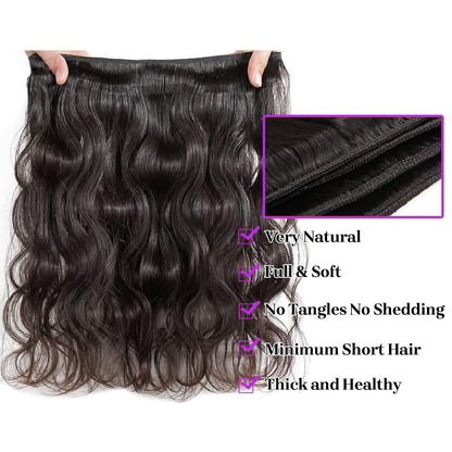Luxury Body Wave Bundles with Closure - 12A Unprocessed Brazilian Virgin Hair (16", 18", 20" + 14" Free Part Lace Closure) - 150% Density