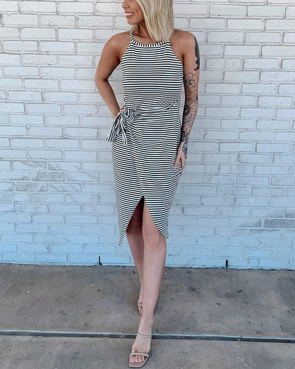 Women Casual Sleeveless Striped Tank Midi Dresses Halter Neck Ruched Bodycon Dresses Tie Waist T Shirt Summer Dress