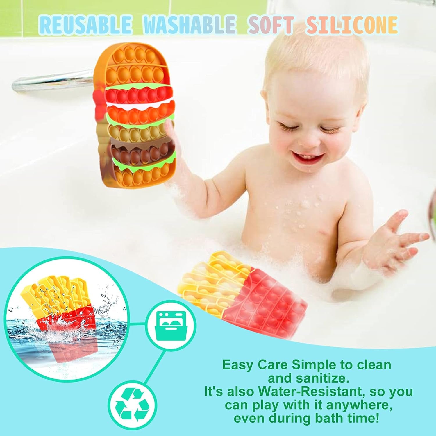 2PCS Push Bubble Pop Fidget Sensory Toy, Autism Special Needs Silicone Stress Reliever Toy, Anti-Anxiety Squeeze Sensory Toy for Kids Teens Adults Girls Boys (Fries&Burger)