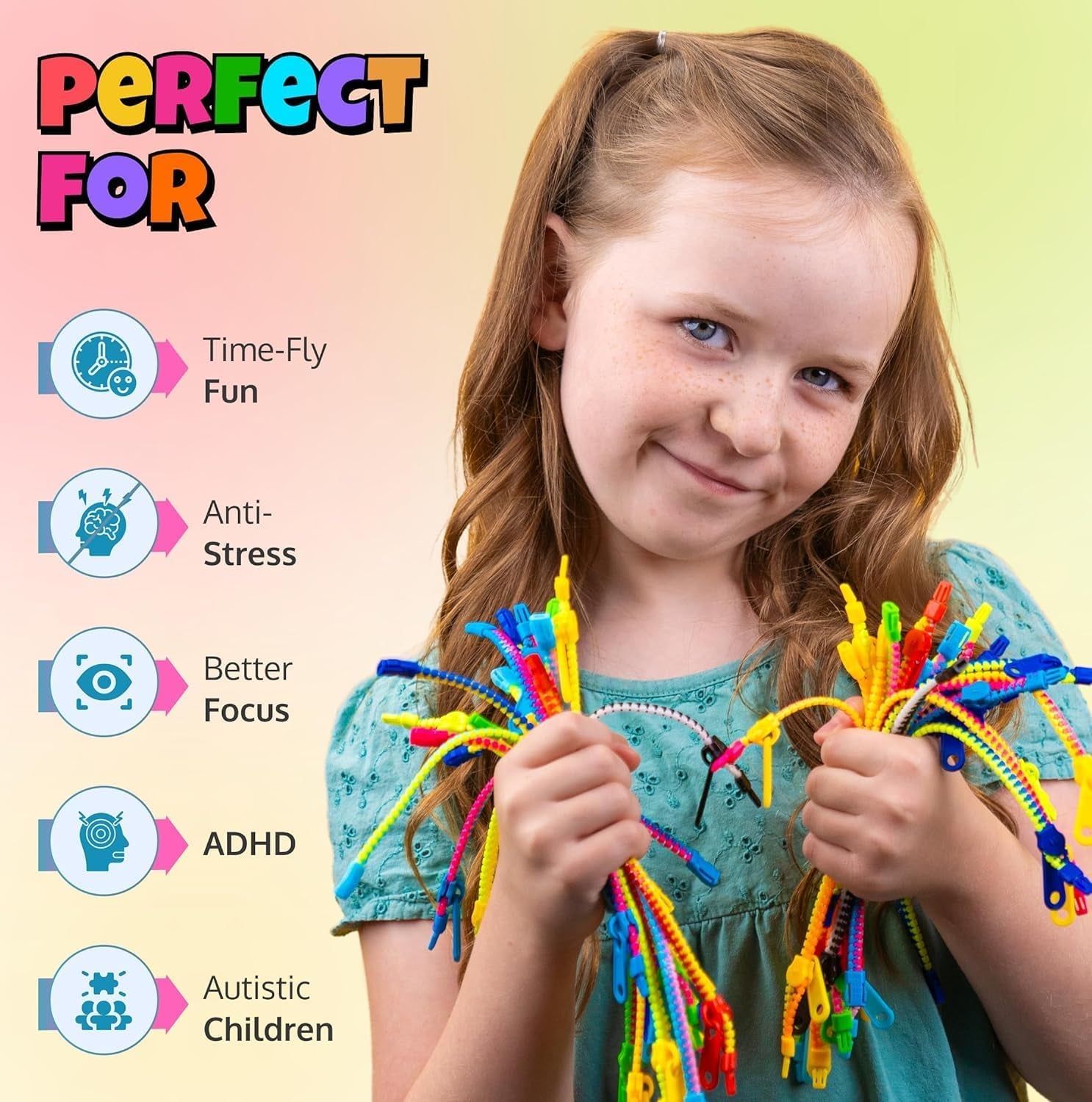 48 Fidget Toys Friendship Zipper Bracelets 7 ½”, Party Favors for Kids, Sensory Bulk Set Neon Colors, Kit for Valentines, Birthday, Goodie Bag, Easter Egg Basket Stuffers, Pinata Fillers