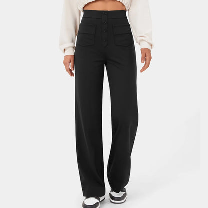 Fashion New Women'S Straight-Leg Casual Pants High-Waisted Buttoned Elastic Pockets Multiple Pockets Solid Pants