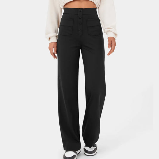 Fashion New Women'S Straight-Leg Casual Pants High-Waisted Buttoned Elastic Pockets Multiple Pockets Solid Pants