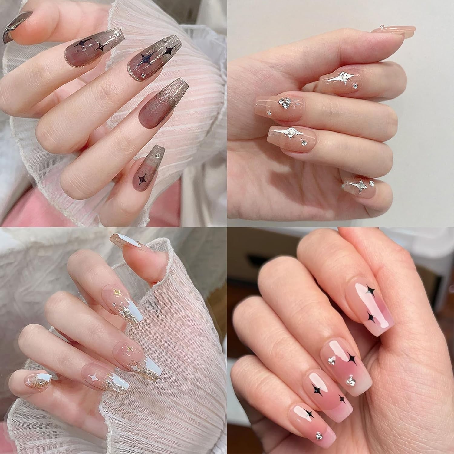 Star Nail Stickers 12Pcs Metallic Gold, Silver, White, Black Star Nail Decals Self-Adhesive Nail Art Stickers