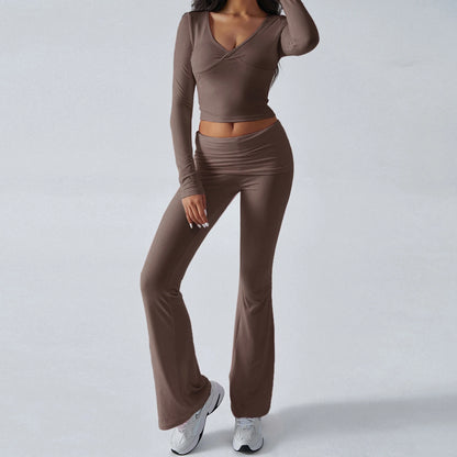 Women 2Pcs Exercise Gym Sets Activewear Knit V-Neck Tracksuit Crop Long Sleeves Tops Elastic Flared Pants Fitness Workout Sets