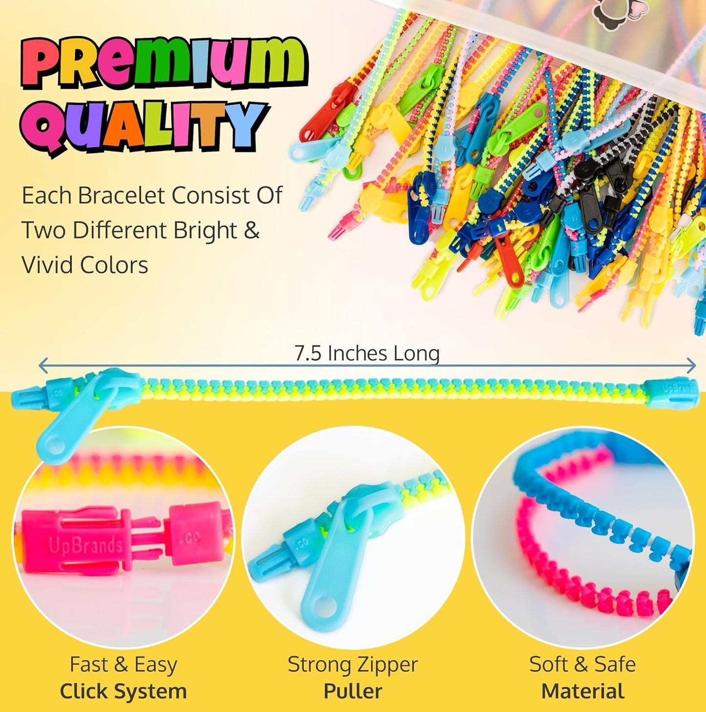 48 Fidget Toys Friendship Zipper Bracelets 7 ½”, Party Favors for Kids, Sensory Bulk Set Neon Colors, Kit for Valentines, Birthday, Goodie Bag, Easter Egg Basket Stuffers, Pinata Fillers