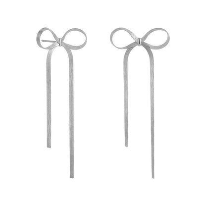 Fashion Long Tassel Bow Earrings for Women Stainless Steel Flat Snake Chain Bowknot Drop Earrings Statement Jewelry Girls Gift