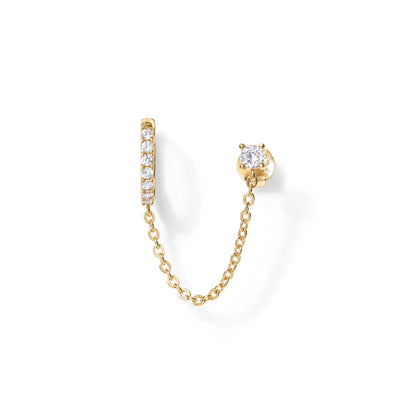 14K Gold Chain Earrings- Double Piercing Dangle Chain- Stud 