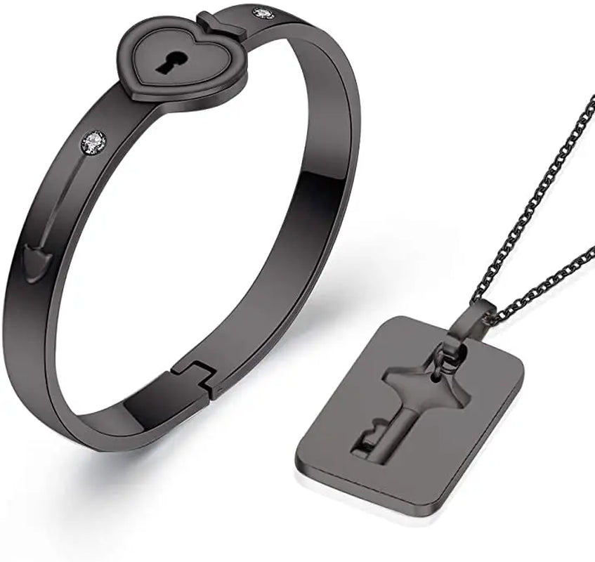 Stainless Steel Love Heart Jewelry Set - Elegant Lock & Key Pendant Necklace and Bracelet Combination