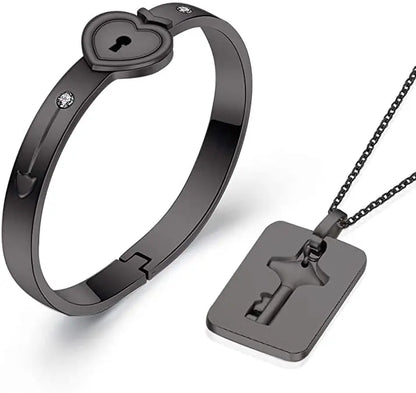 Stainless Steel Love Heart Jewelry Set - Elegant Lock & Key Pendant Necklace and Bracelet Combination