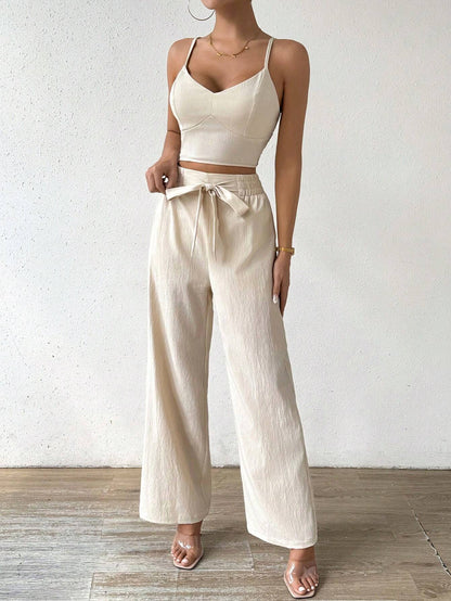 Rosydaze Women'S Push-Up Bra Cup Strap Top with Bowknot, Elastic Straight Pants, Holiday 2Pcs Set
