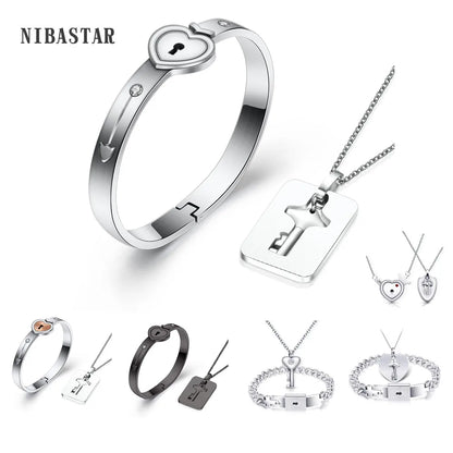 Stainless Steel Love Heart Jewelry Set - Elegant Lock & Key Pendant Necklace and Bracelet Combination