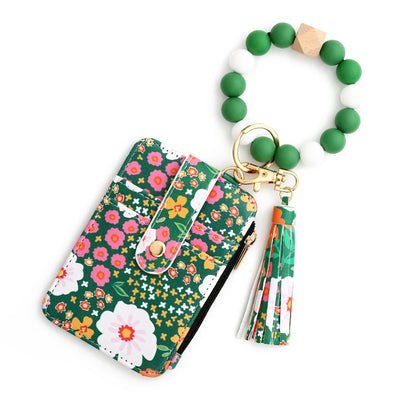 2024 Silicone Bead Bracelet Leather Card Bag Wristlet Keychain Silicone Bracelet Wallet Bangle Floret Printed Fragmented ID Bag