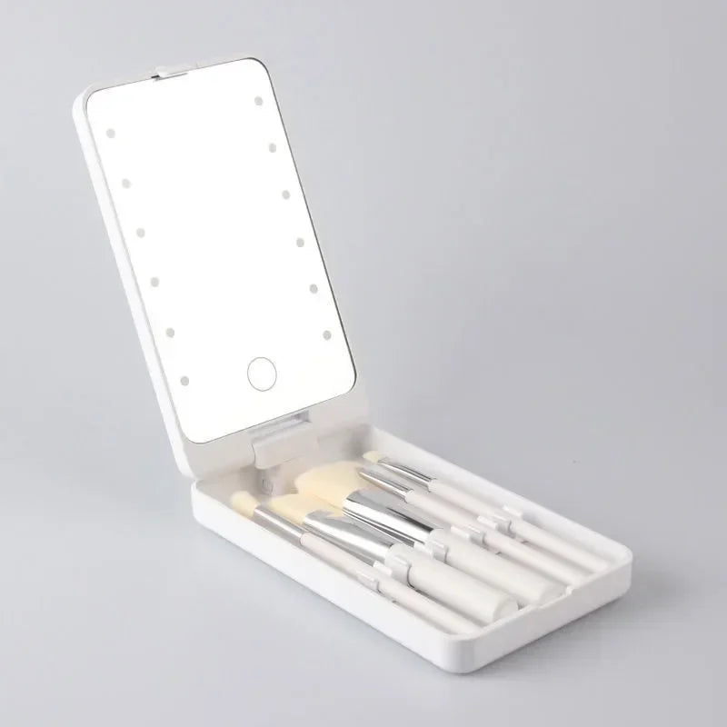 Lighted Makeup Mirror Rotatable Personal Beauty Mirror with 5 Makeup Brushes Travel Make up Accessories Multifunctional Light Up