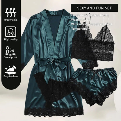 Summer 4 Piece Set of Women'S Lace Underwear Paired with Pajama Waistband Outer Robesexy Pajama Lace Patchwork Home Pajama Set