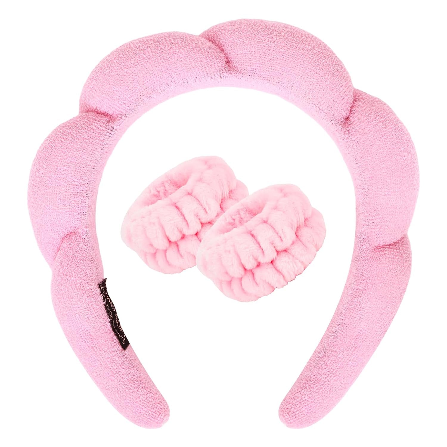 Pink Skincare Headband and Wristband Set for Washing Face, Makeup, Spa - Bubble Puffy Terry Cloth Soft Sponge Clouds Hair Accessories for Women