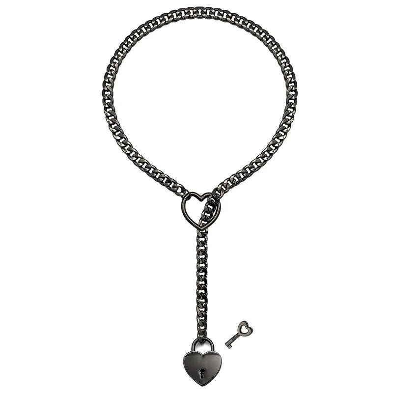 Fashion Womens Slip Chain Necklace Heart O-Ring Rock Cuban Long Necklace Adjustable Heart Shaped Lock Core with Key 2024 New