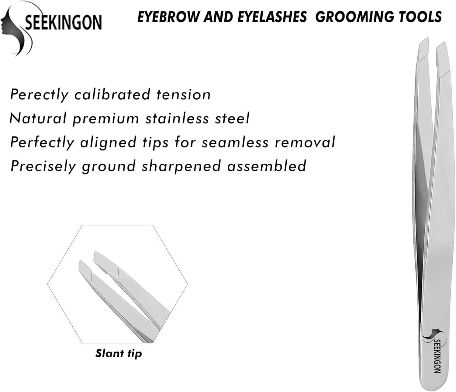 Precision Slant Tweezers for Women & Men - Sharp, Non-Slip Grip for Flawless Hair Removal and Ingrown Hair Plucking - Elegant Silver Design