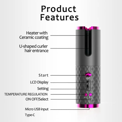 Ceramic Hair Curler: Rechargeable, Cordless, and Auto Rotating for Effortless Styling