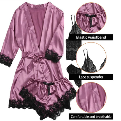 Summer 4 Piece Set of Women'S Lace Underwear Paired with Pajama Waistband Outer Robesexy Pajama Lace Patchwork Home Pajama Set