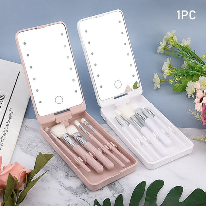 Lighted Makeup Mirror Rotatable Personal Beauty Mirror with 5 Makeup Brushes Travel Make up Accessories Multifunctional Light Up