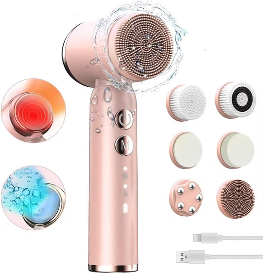 Ultimate 8-in-1 Electric Facial Cleansing Brush – Hot & Cold Compress, 6 Brush Heads, 3 Spin Speeds, Waterproof Exfoliator, Massager (Pink)