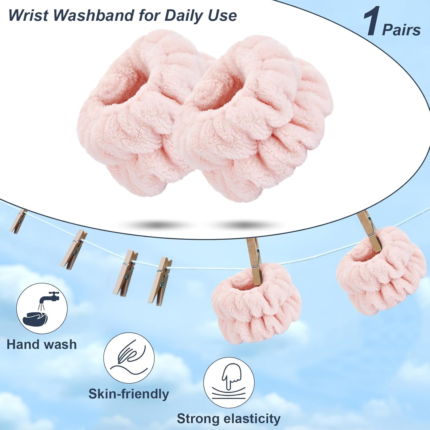 Wrist Bands for Washing Face, Microfiber Wrist Towels for Washing Face, Spa Wristbands for Washing Face, Face Wash Wristbands, Arm Bands for Washing Face for Woman Children（Pale Pink）