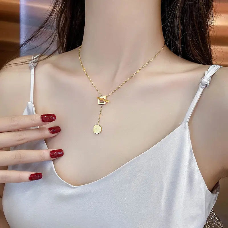 Luxury Titanium Steel Square Necklace Feeling Roman Digital Good Luck Leter Pendant Neck Chain Sexy Girl Jewelry