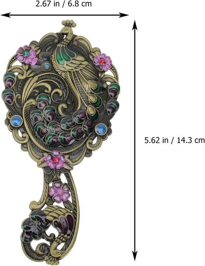Elegant Vintage Peacock Handle Makeup Mirror Set - Portable Handheld Antique Cosmetic Mirrors for Travel and Personal Use