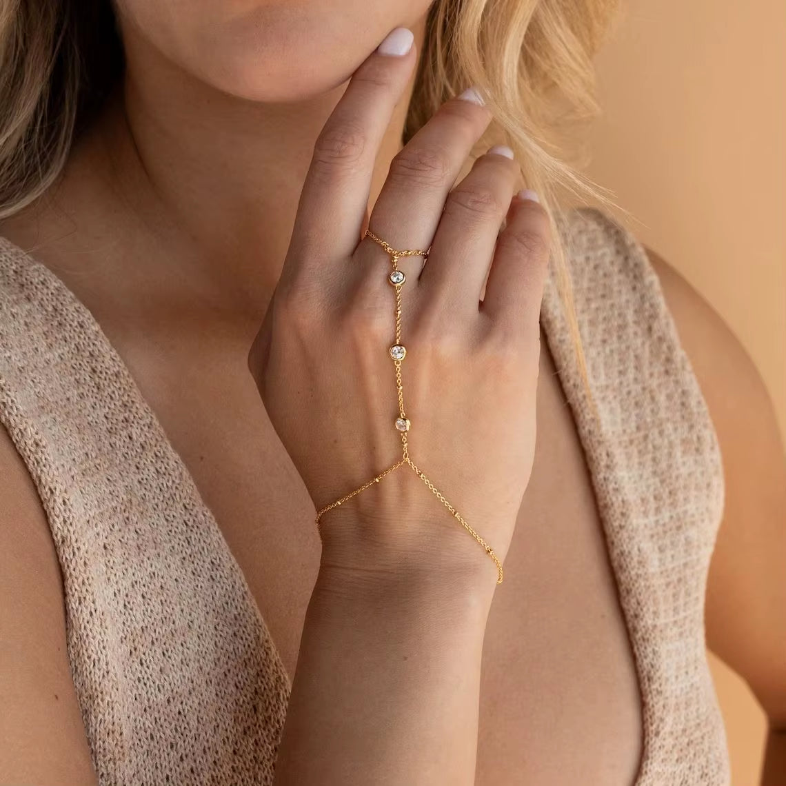 Stunning Handmade Gold Ring Palm Chain Bracelet for Women
