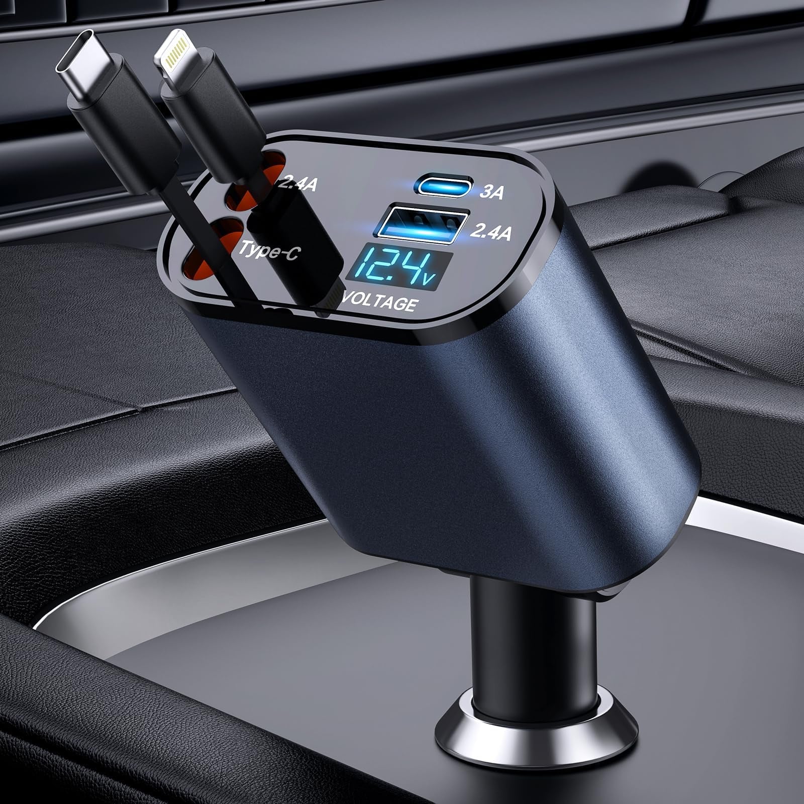 TIKTOK SHOP Retractable Car Charger, 4 in 1 Fast Car Phone Charger 66W, Retractable Cables and USB Car Charger, Compatible with iPhone 15/14/13/12/11,Galaxy,Pixel