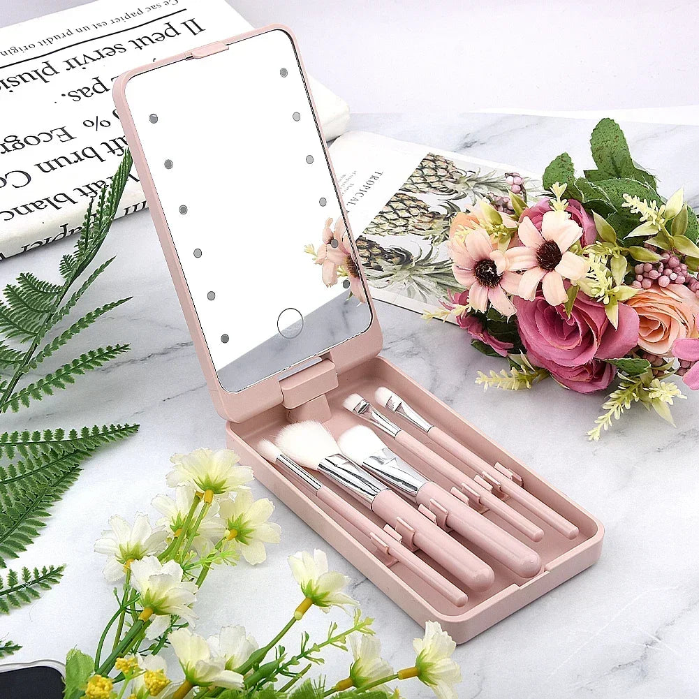 Lighted Makeup Mirror Rotatable Personal Beauty Mirror with 5 Makeup Brushes Travel Make up Accessories Multifunctional Light Up