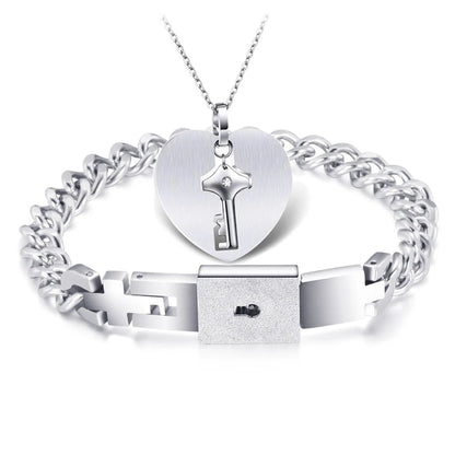 Stainless Steel Love Heart Jewelry Set - Elegant Lock & Key Pendant Necklace and Bracelet Combination