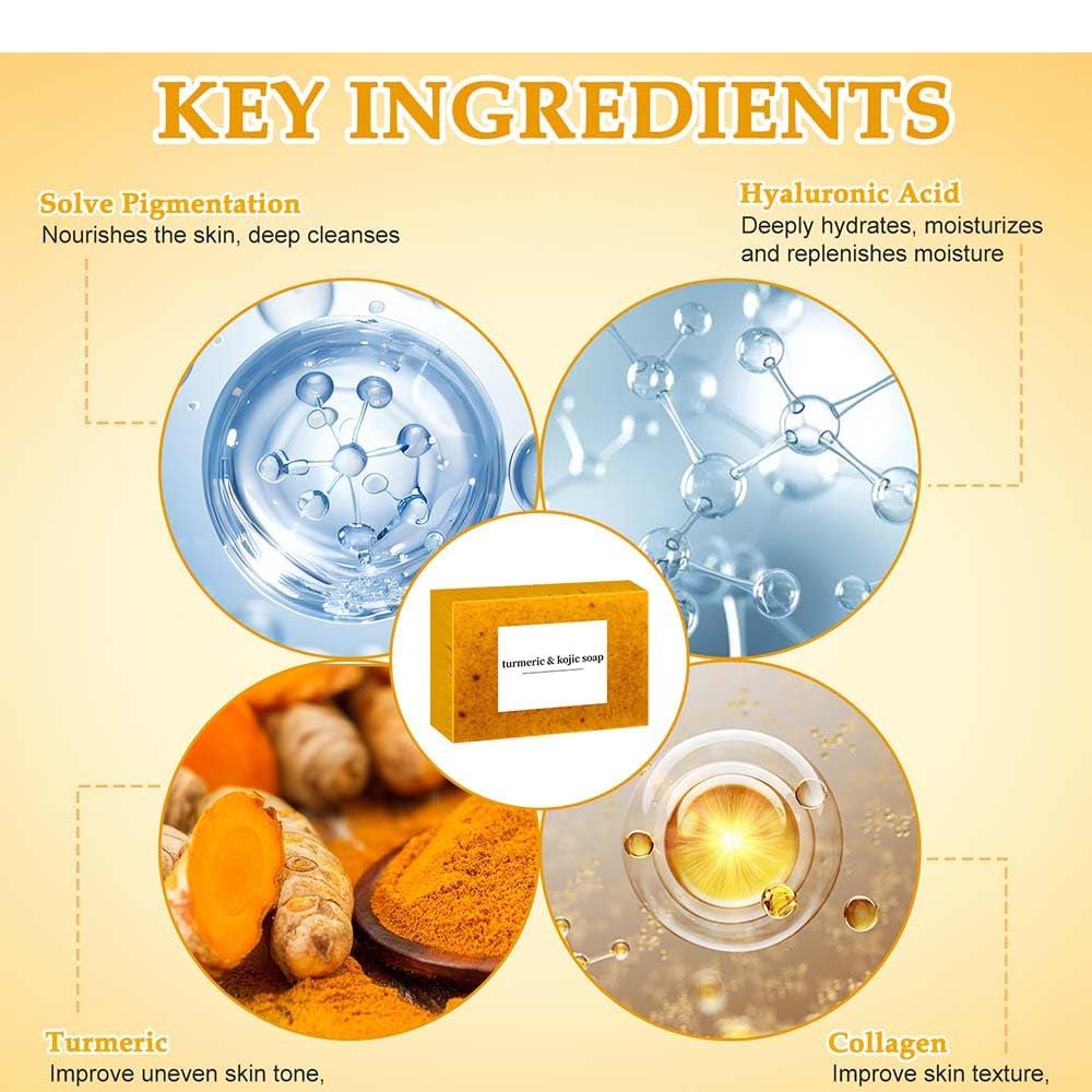 Lemon Turmeric Kojic Soap,Natural Handmade Soapes,Turmeric Soap Bar for Face and Body, Smooth Skin Tumeric Soaps,Deep Cleansing Soaps for Men & Women (3 PCS)