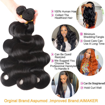 Luxury Body Wave Bundles with Closure - 12A Unprocessed Brazilian Virgin Hair (16", 18", 20" + 14" Free Part Lace Closure) - 150% Density