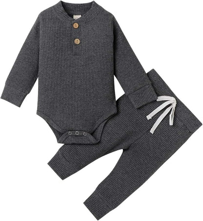 Cozy & Stylish Winter Newborn Unisex Outfit Set - Ribbed Long Sleeve Top & Pants 2PCS