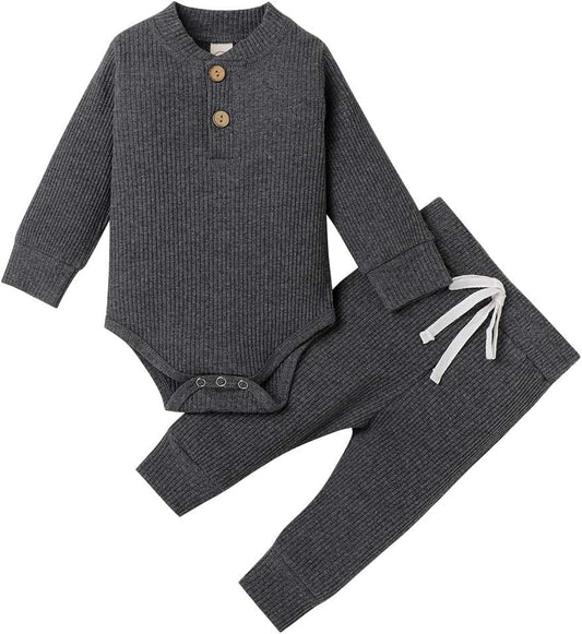 Cozy & Stylish Winter Newborn Unisex Outfit Set - Ribbed Long Sleeve Top & Pants 2PCS