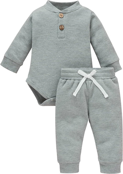 Cozy & Stylish Winter Newborn Unisex Outfit Set - Ribbed Long Sleeve Top & Pants 2PCS