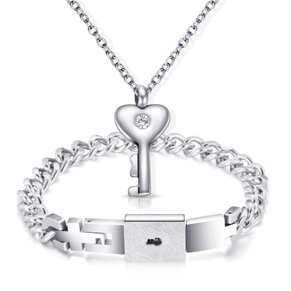 Stainless Steel Love Heart Jewelry Set - Elegant Lock & Key Pendant Necklace and Bracelet Combination