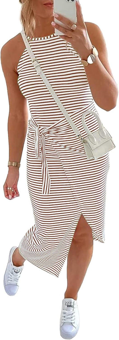 Women Casual Sleeveless Striped Tank Midi Dresses Halter Neck Ruched Bodycon Dresses Tie Waist T Shirt Summer Dress