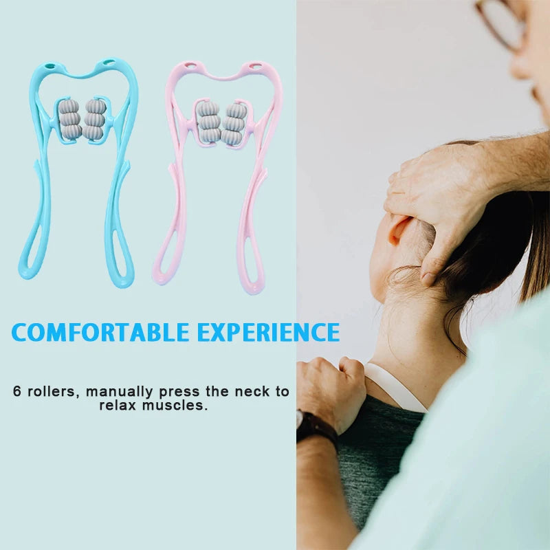 Premium Neck Massager with 6 Rotating Wheels - Versatile Relief for Neck, Legs, and Arms in Stylish Pink & Blue